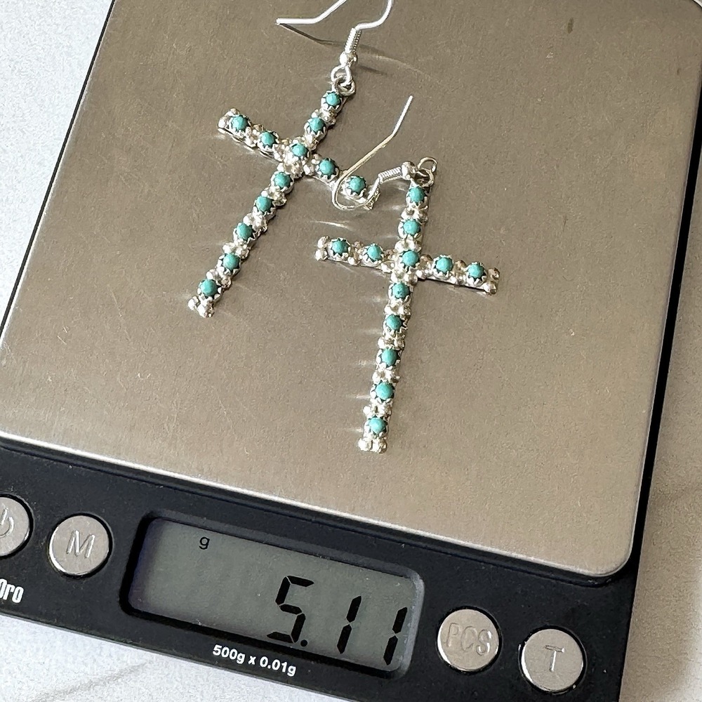Native American Cross Earrings Zuni Sleeping Beauty Turquoise Sterling Silver - Picture 7 of 8
